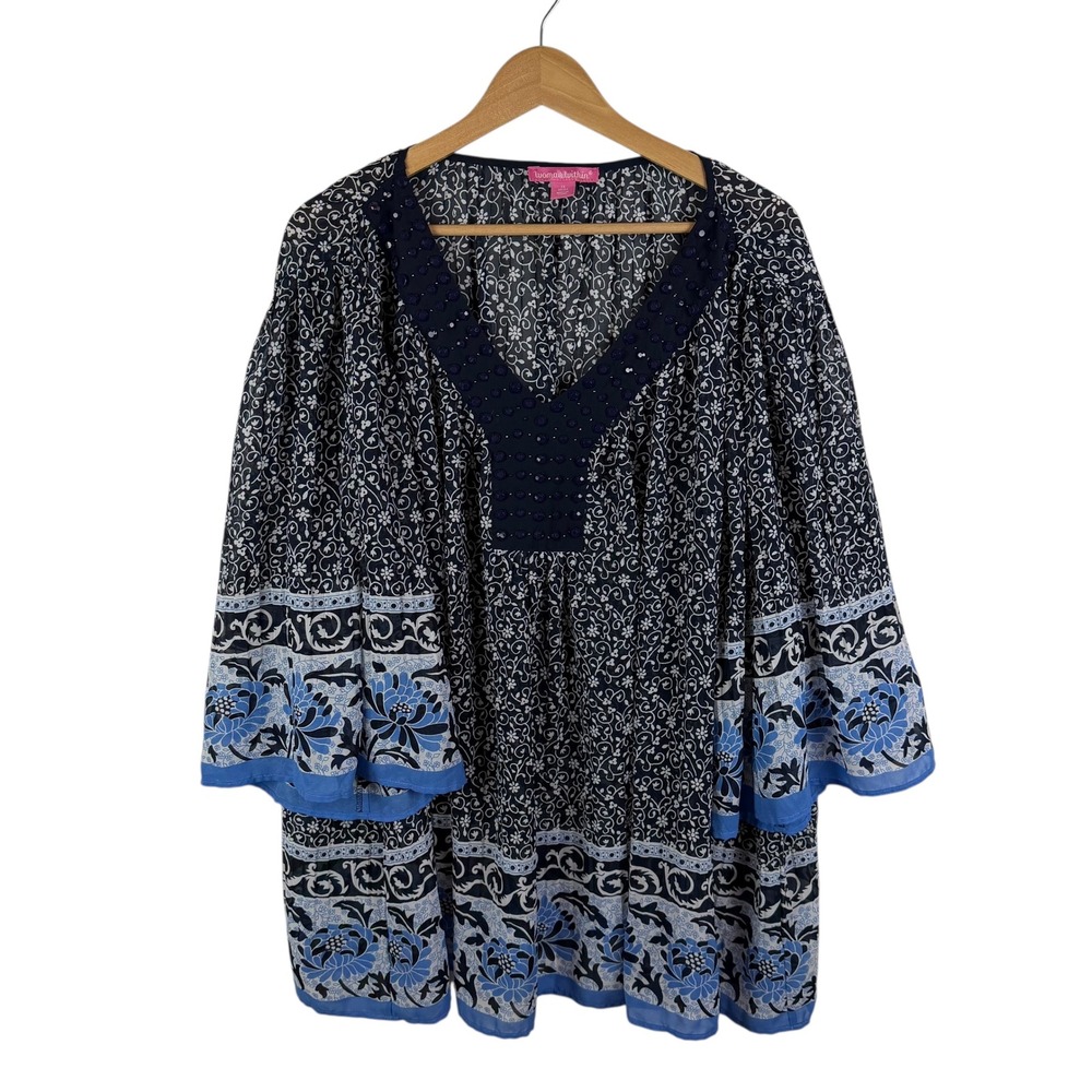 Woman Within Navy and Light Blue Floral Tunic